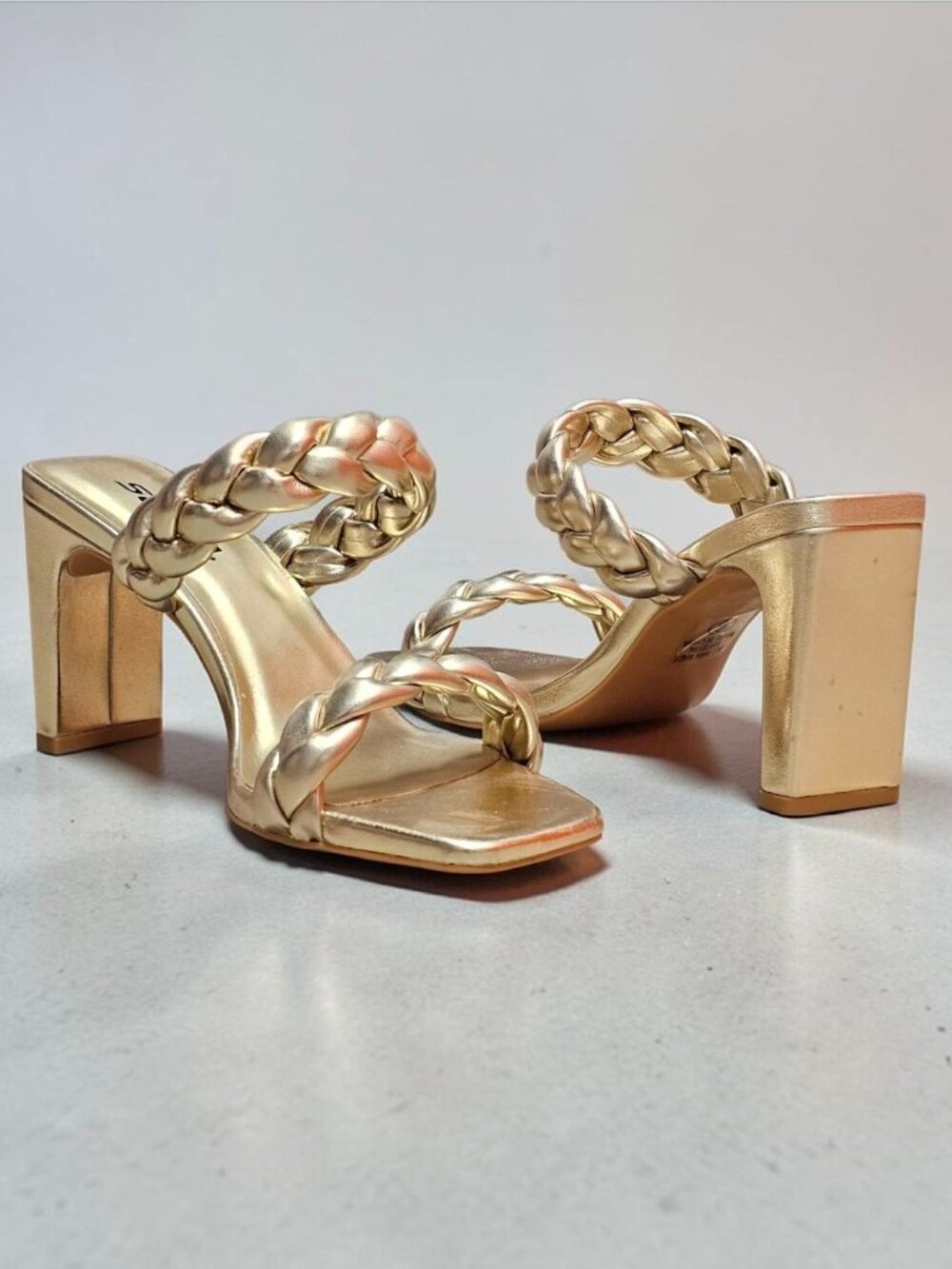Braided Metallic Gold Block Heel Sandals Open Toe Square Toe Design Womens Shoes